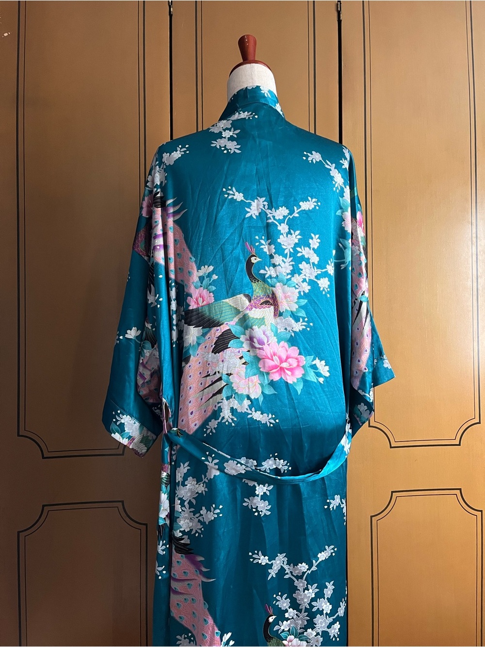 Vintage Teal Floral Satin Robe - Picture 5 of 6